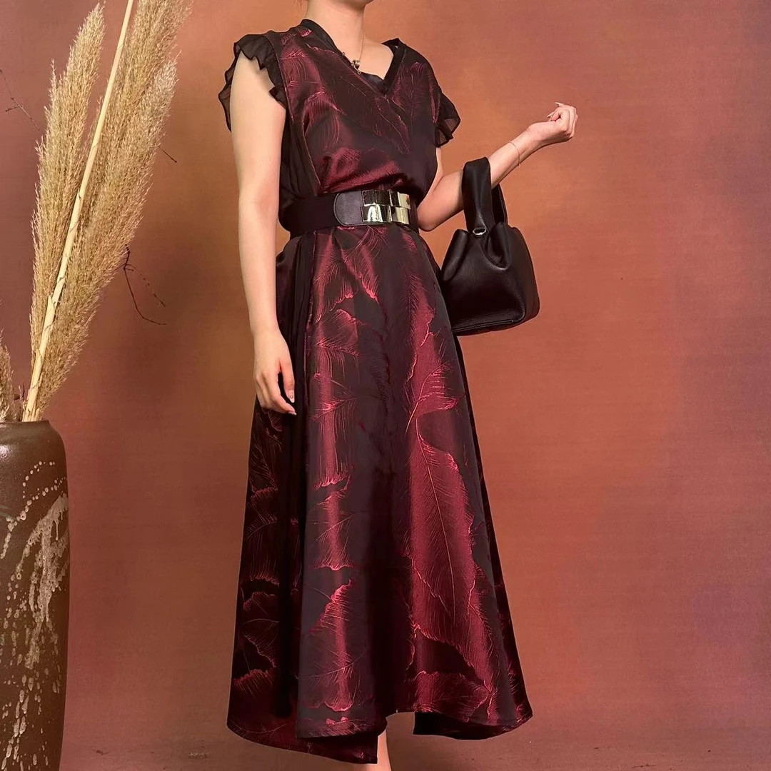 【大海轻奢】L23662新款暗酒红浮雕花拼纱设计师款时尚马甲连衣裙