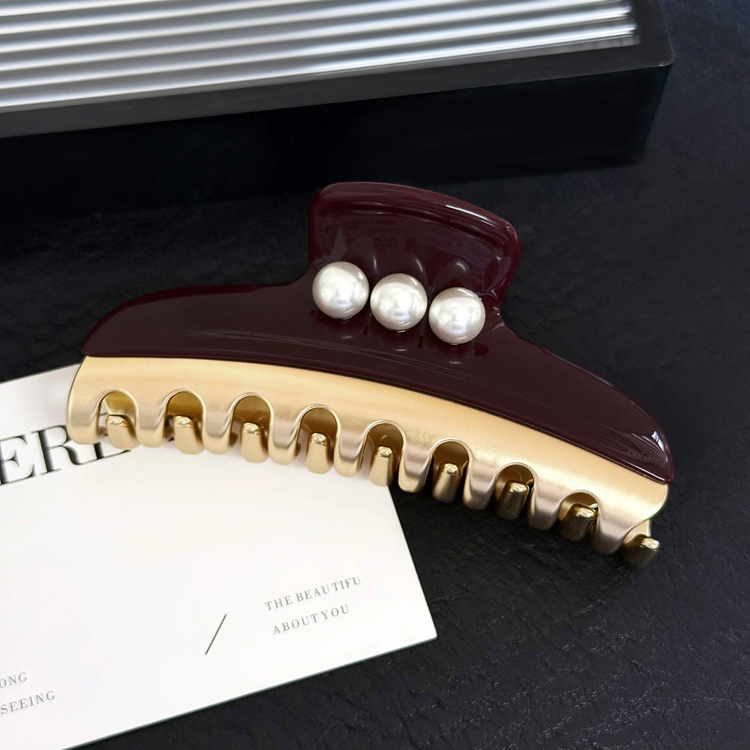 【钰韩】原单设计-红金撞色珍珠抓夹