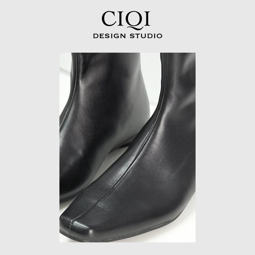 CIQI STUDIO百搭时尚复古秋冬方头粗跟漆皮法式低跟女靴PS30151