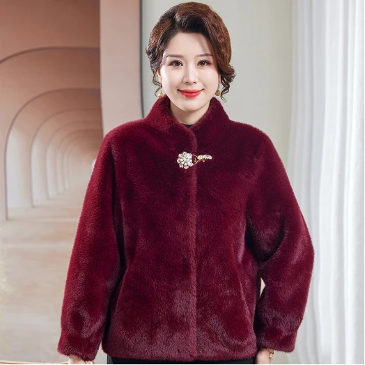 【新疆包邮】雪兰貂皮毛一体中年妈妈冬季安克拉红立领短款外套