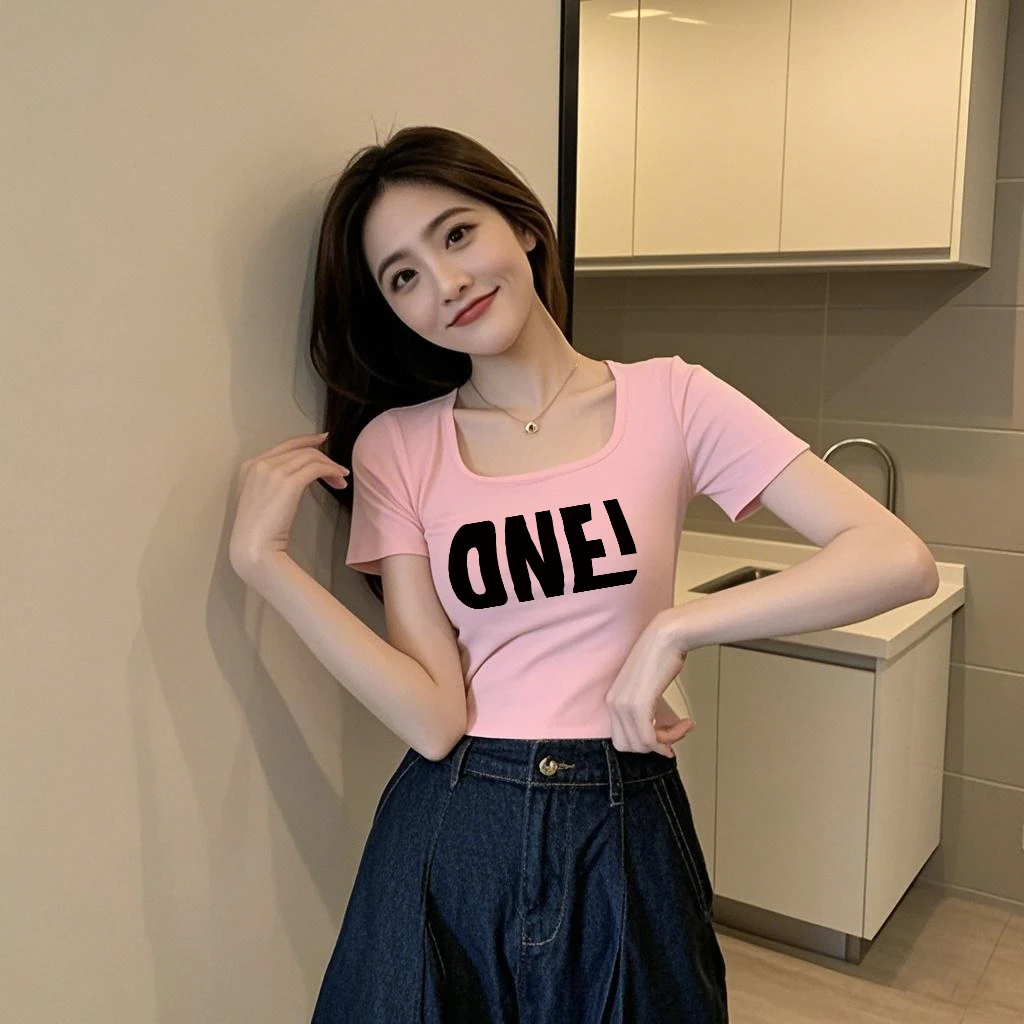 短款印花辣妹韩版U领纯棉t恤高腰美式甜辣女T恤小众设计感上衣女