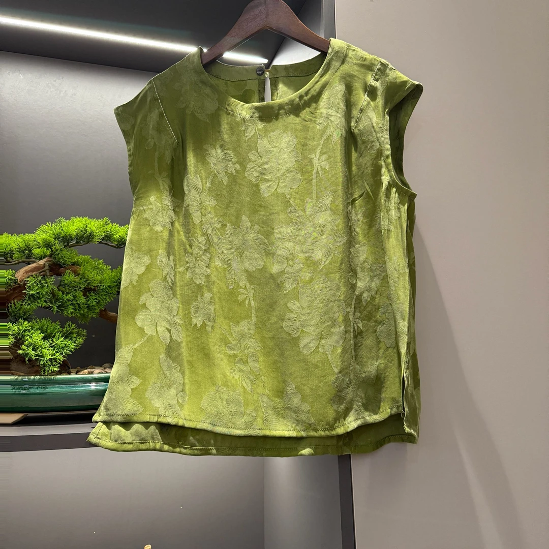 中式上衣复古传统改良霜感夏季宽松绿调气质上衣5939