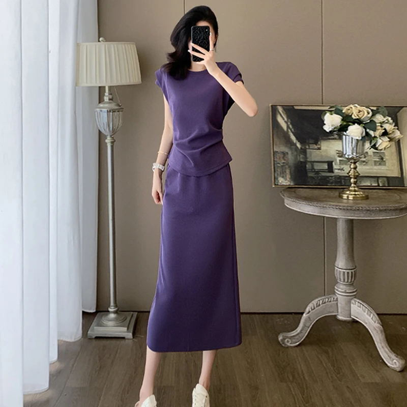女夏季新款时尚休闲气质套装裙紫色圆领短袖上衣半身长裙两件套潮