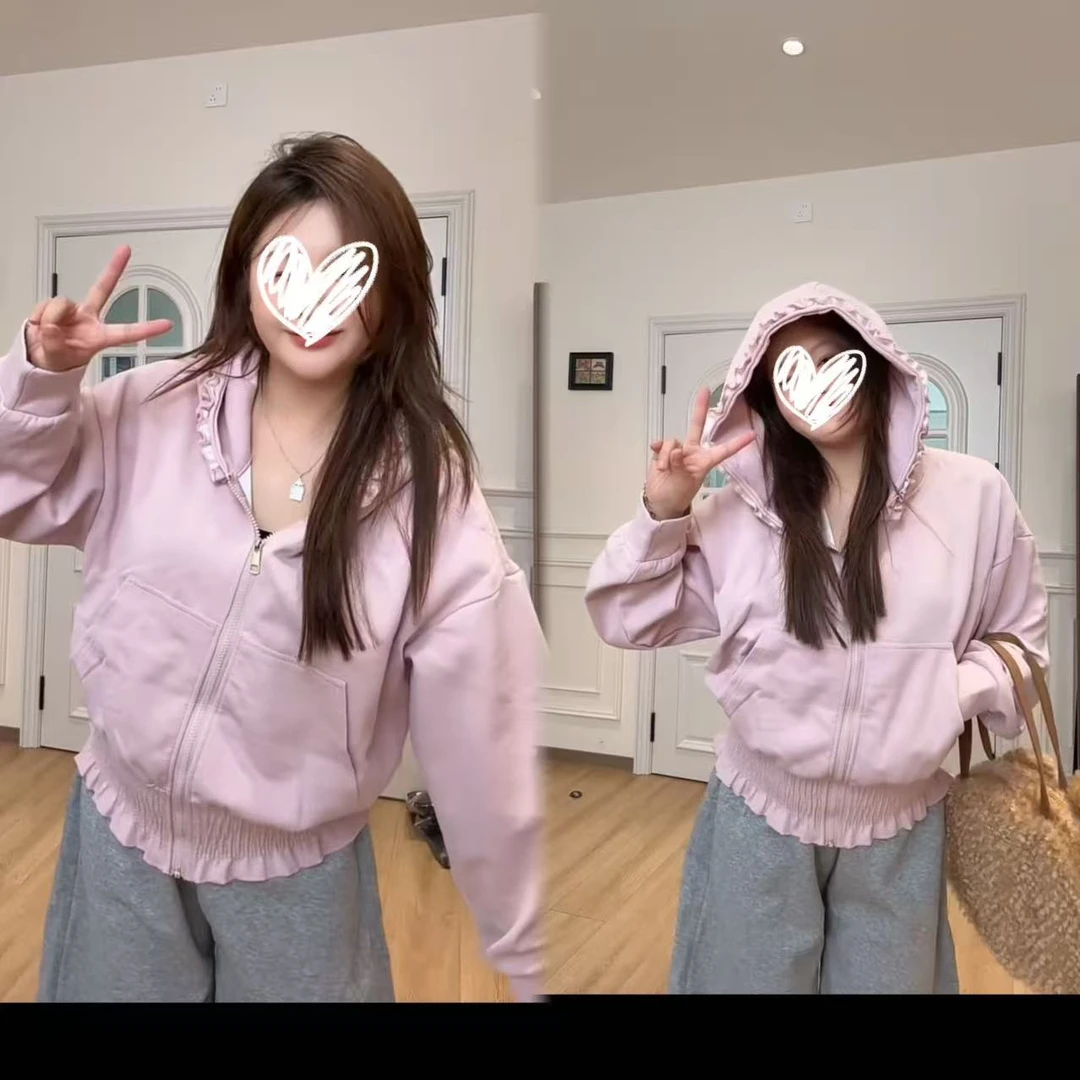 新款大码纯欲甜美风连帽木耳边休闲宽松显瘦上衣