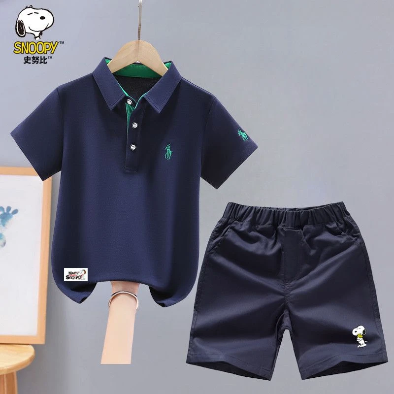 史努比男童套装夏装2026新款洋气中大童男孩POLO衫短袖T恤两件套