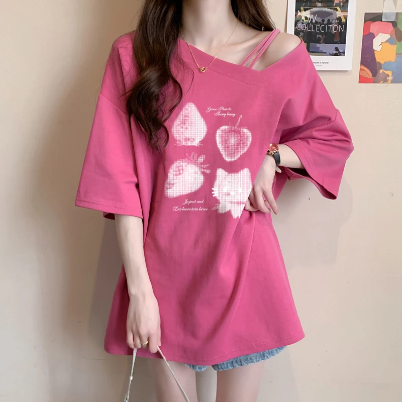 斜领趣味卡通短袖T恤女夏季新款爆款韩版时尚大码宽松中长款上衣