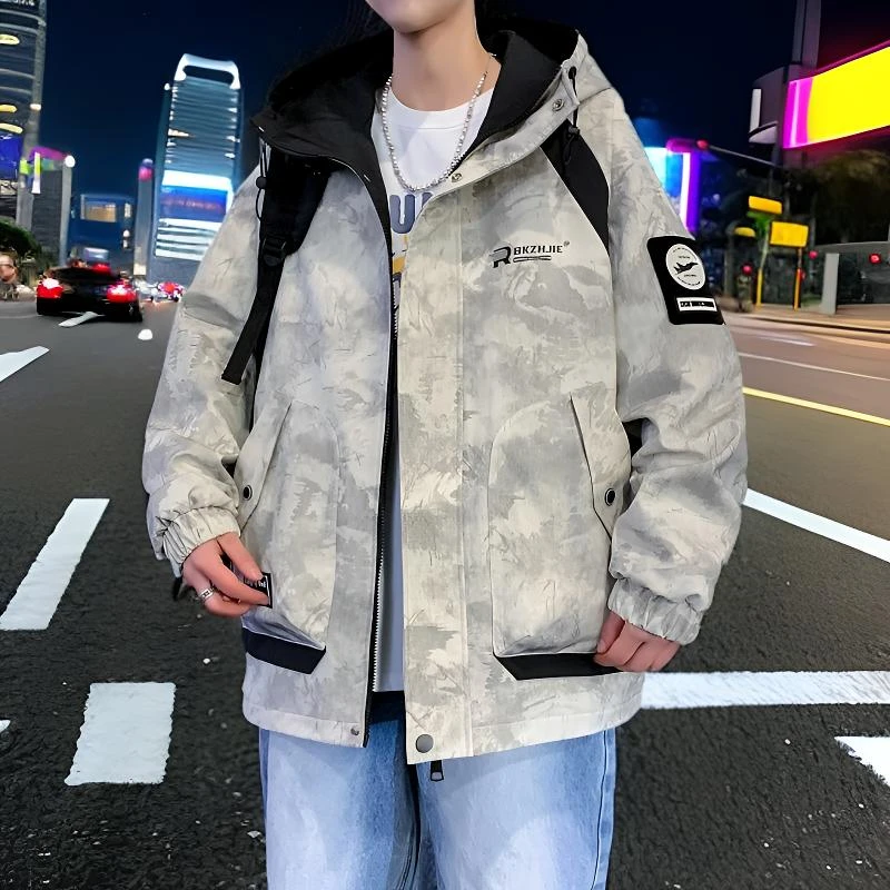 青少年脏脏晕染学生春秋季连帽帅气休闲运动潮流男士夹克外套ins