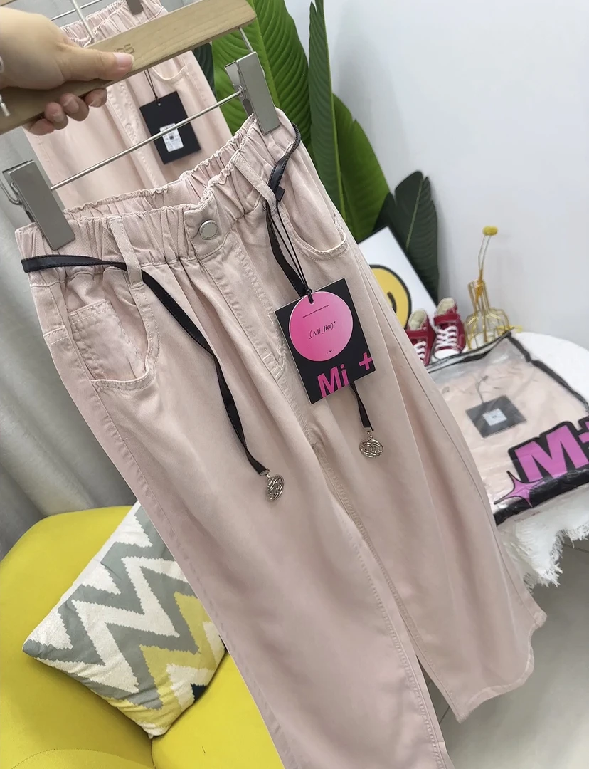 米豆豆大童粉色天丝牛仔直筒裤