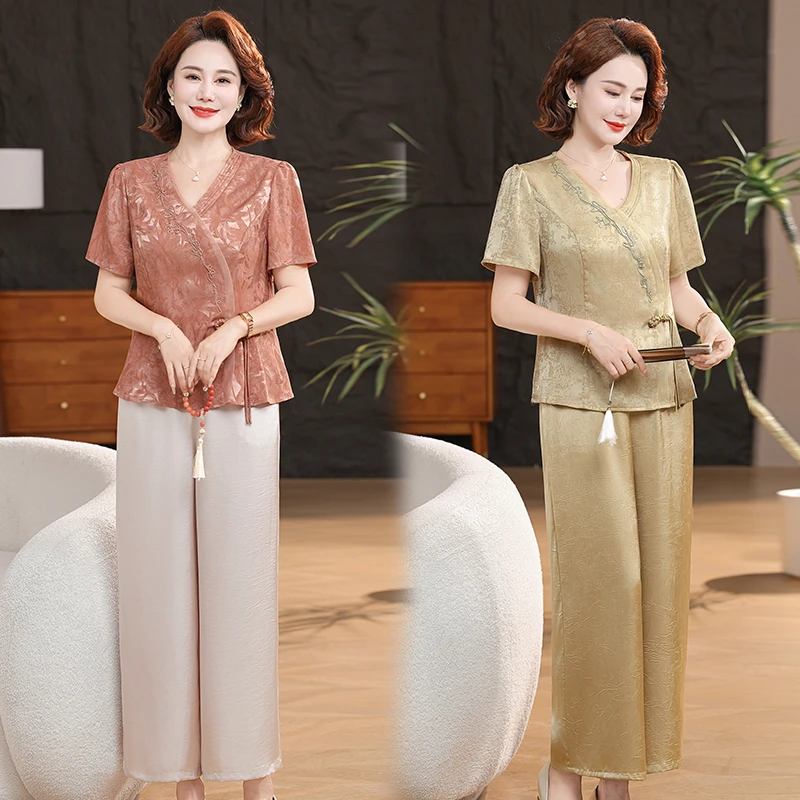 中年妈妈夏装套装洋气高贵中老年女装夏装新款短袖新中式小衫上衣