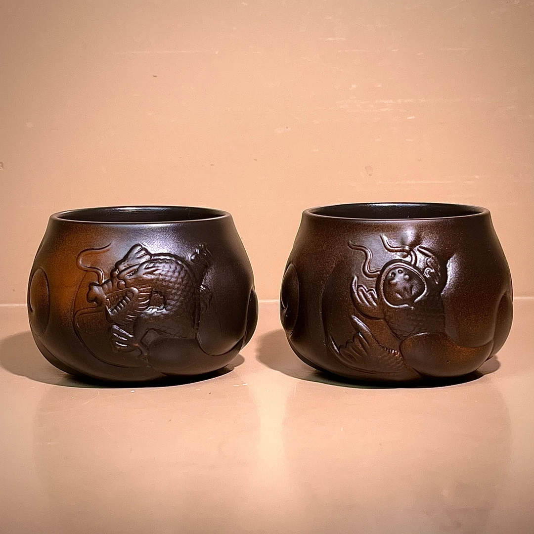 紫陶鱼化龙茶杯主人杯功夫泡茶盏杯品茗杯大宽口客人杯2个装E237