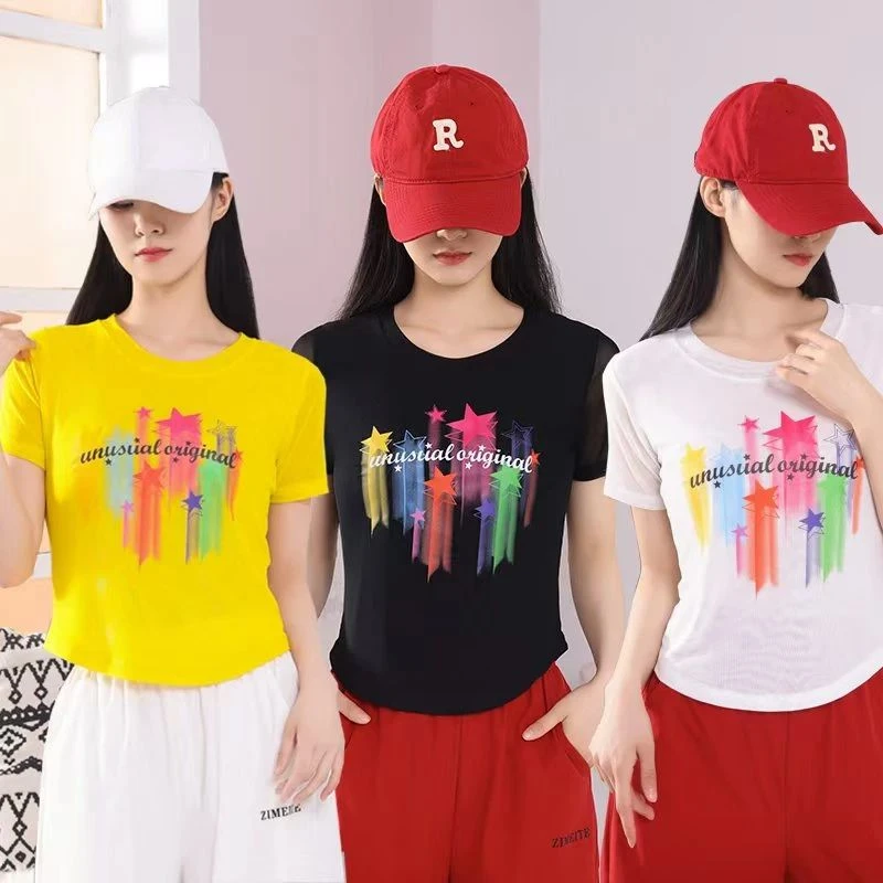 夏季新款时尚潮流双层网纱休闲百搭修身潮品彩色印花短袖