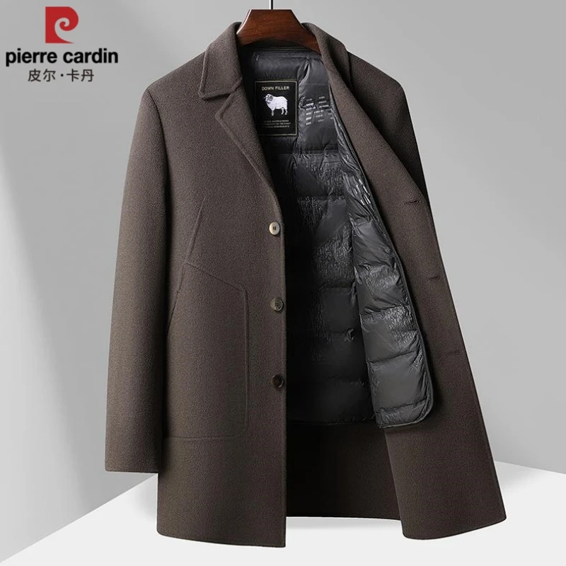 皮尔卡丹冬季中长款男士双面呢羊毛大衣70%羊毛修身加厚保暖外套
