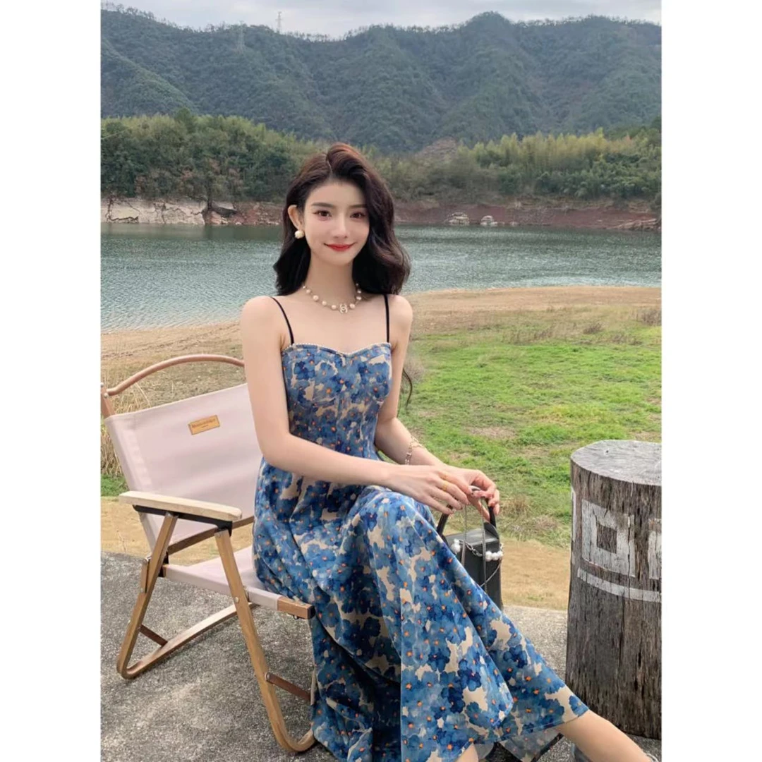 薇宝儿塔塔-【海岛木槿花】新款显瘦收腰吊带连衣裙-38303G