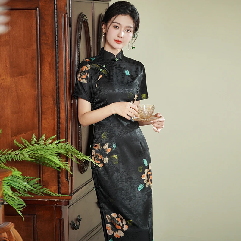 新中式旗袍高端2025夏季老上海日常可穿长款裙子素雅国风黑色礼服