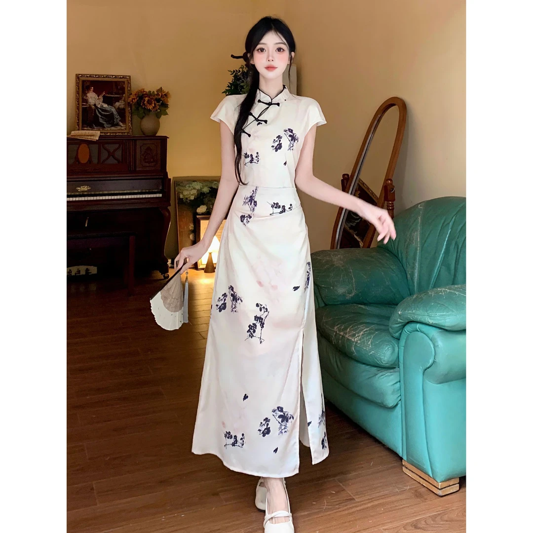 2025大码春夏盘扣立领新中式中国风旗袍显瘦连衣裙女高级气质长裙