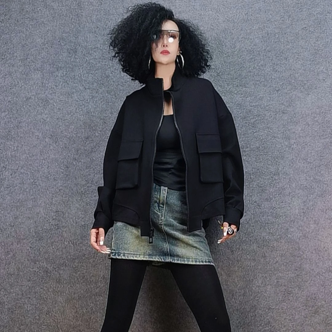 二姐家春秋新款立领长袖蝙蝠袖大口袋外套宽松时尚百搭女士上衣