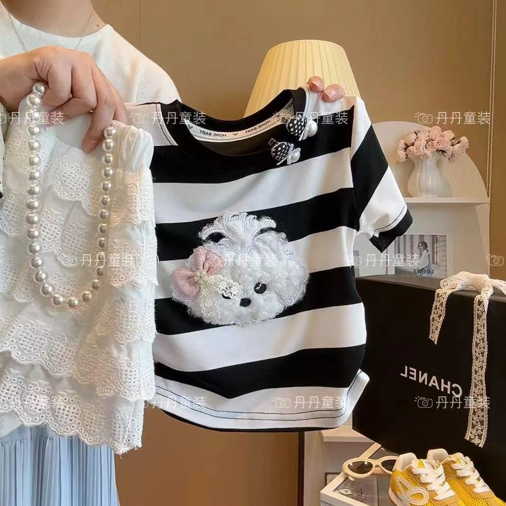新款夏季女童2025短袖儿童T恤宝宝可爱小狗时尚条纹收腰上衣