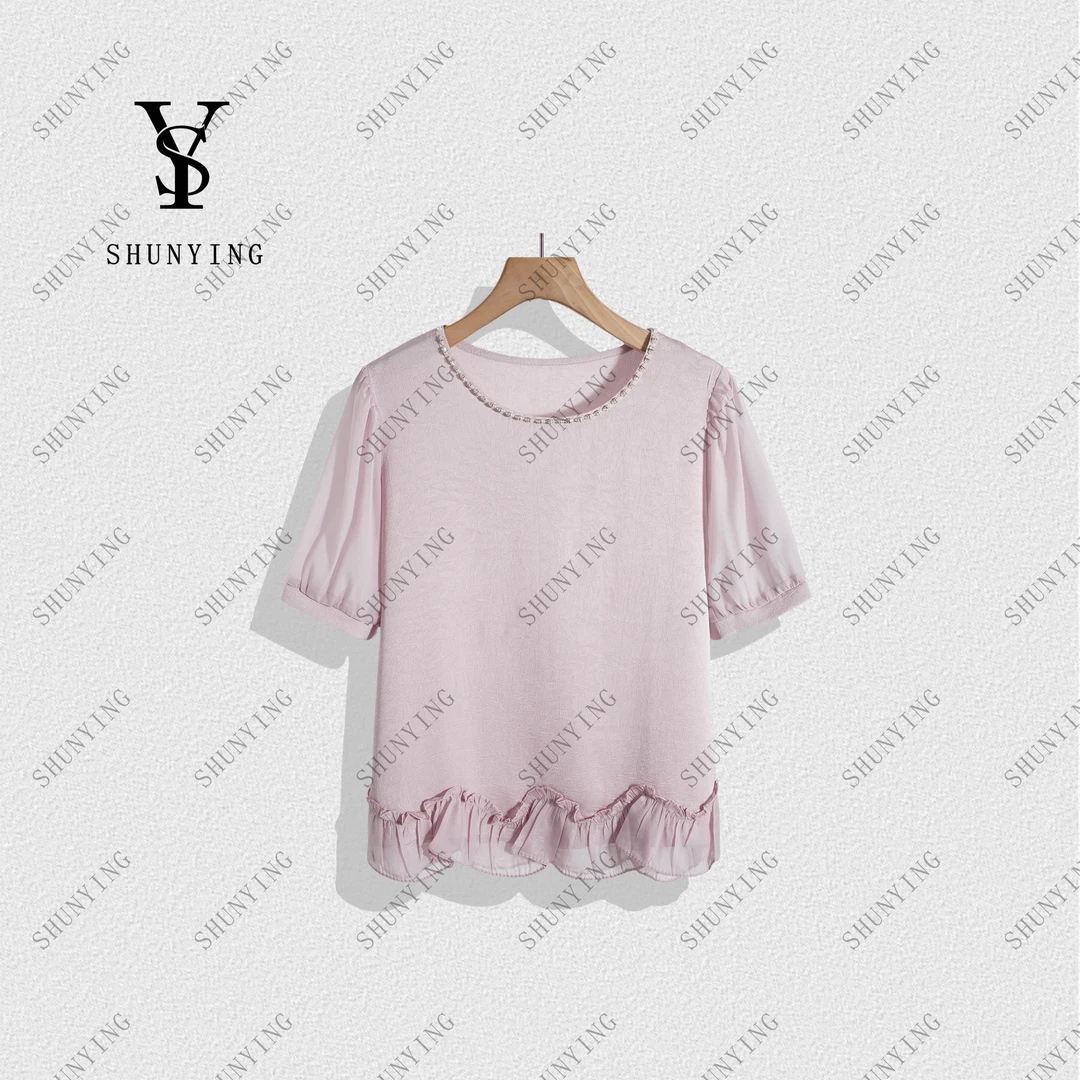 【顺瀛】优雅百搭~轻奢简约钉珠圆领木耳下摆短袖T恤SY72T3026