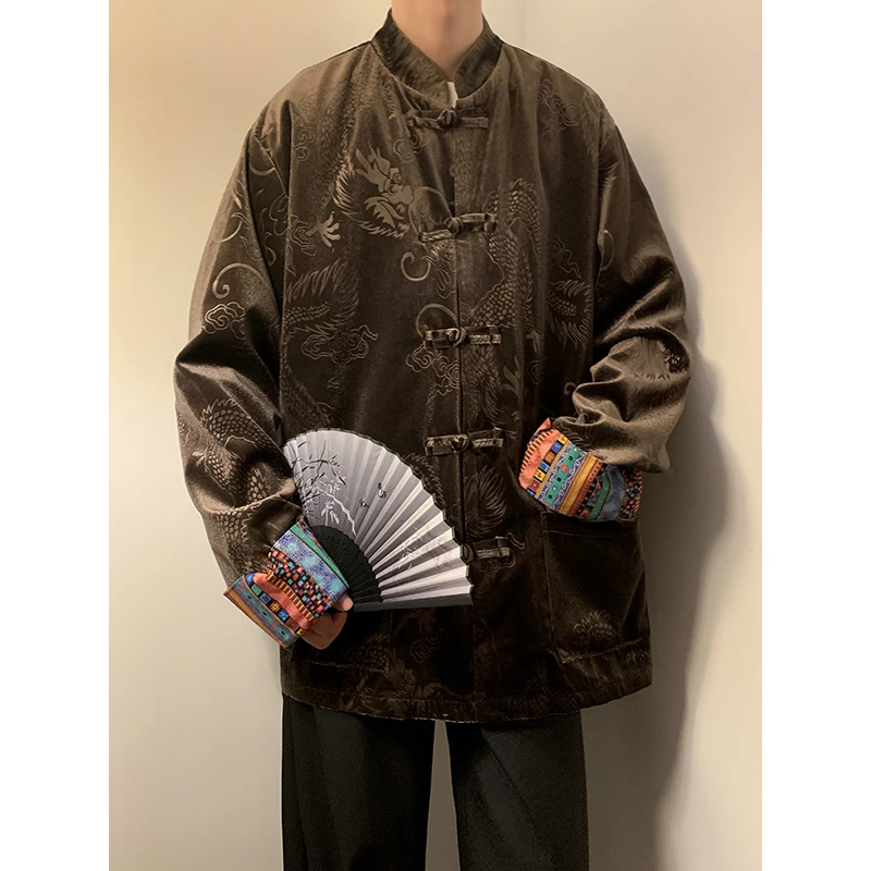 秋冬季复古潮流金丝绒外套新中式唐装男复古印花宽松龙纹唐装夹克