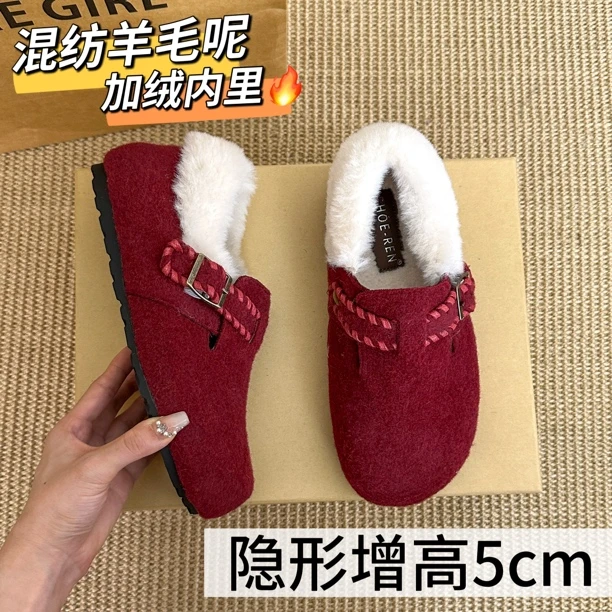 小个子内增高5cm呢子红色勃肯鞋女2025冬新款加绒保暖外穿毛毛鞋