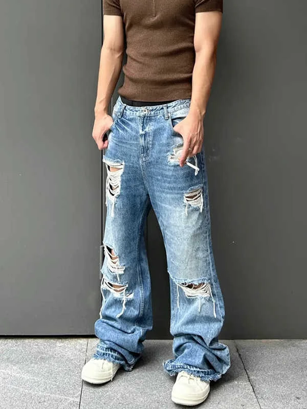 美式复古水洗褶皱设计感破洞牛仔裤男痞帅毛边直筒休闲微喇裤子潮