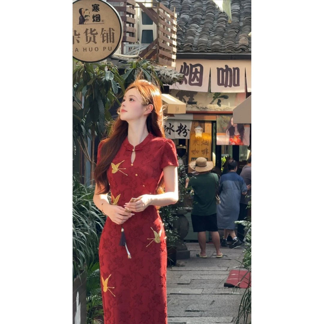 【振翅】七七很芒夏季新中式水滴领蝴蝶刺绣提花旗袍连衣裙XMZH8764