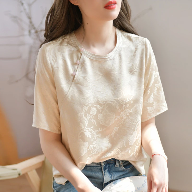 新中式提花圆领斜襟短袖恤女夏季休闲宽松显瘦小衫国风禅意上衣