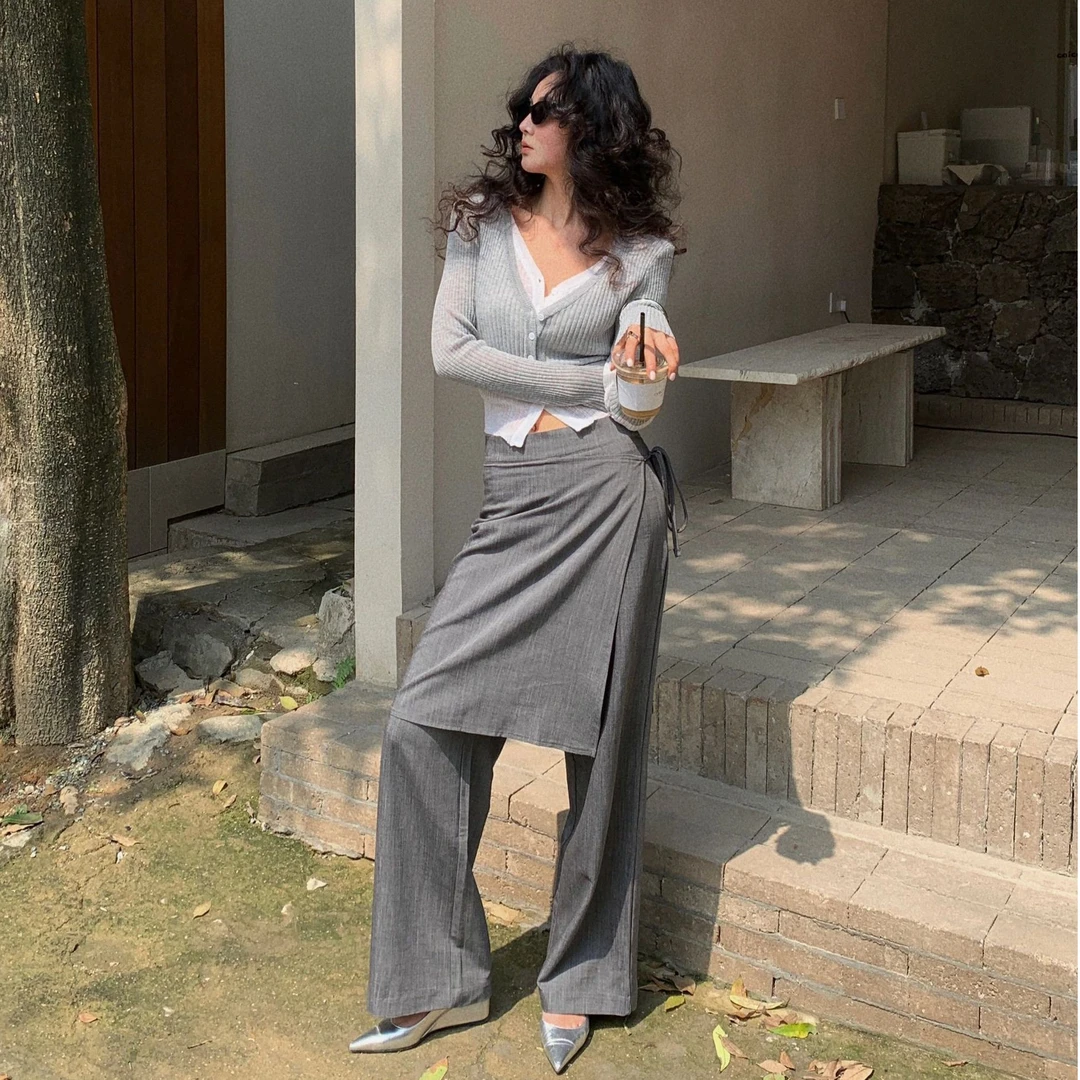 套装女2025新款韩系慵懒风假两件针织开衫上衣高腰显瘦阔腿长裤子