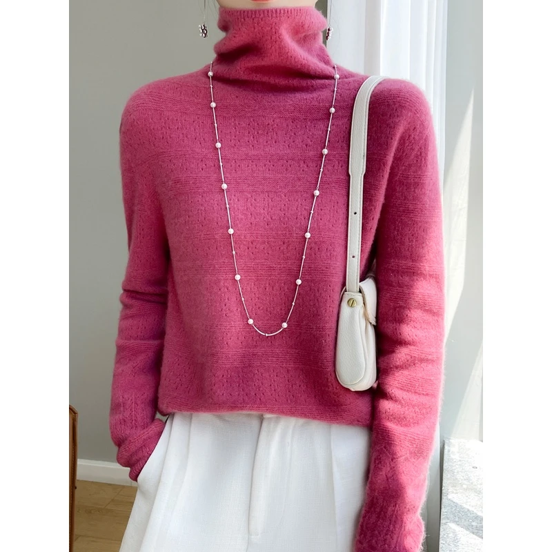 一线成衣100%纯羊毛衫女堆堆领镂空洋气打底衫秋冬时尚纯色毛衣