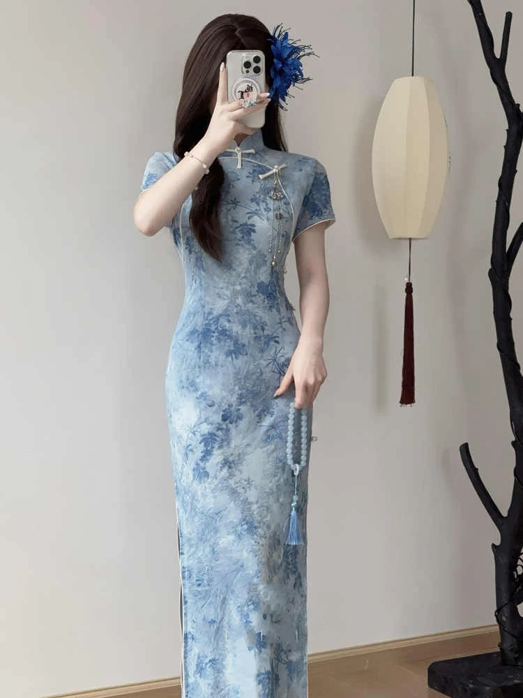 《琉璃月影》蓝色旗袍2025春夏新款复古民国风温婉少女气质连衣裙