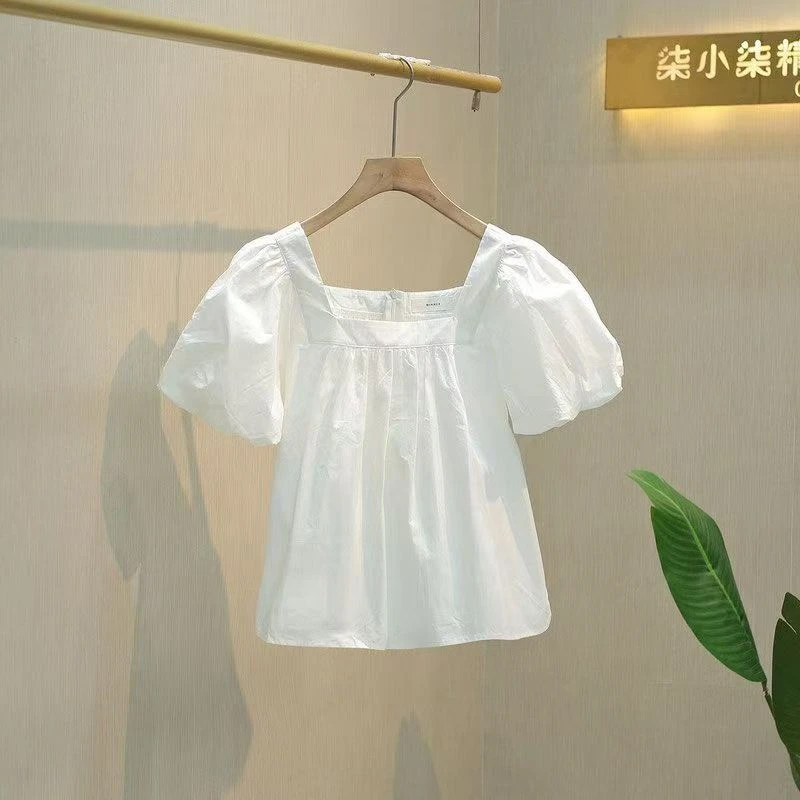 2025春夏新款韩版棉质方领洋气泡泡袖短袖宽松显瘦套头女衬衫上衣