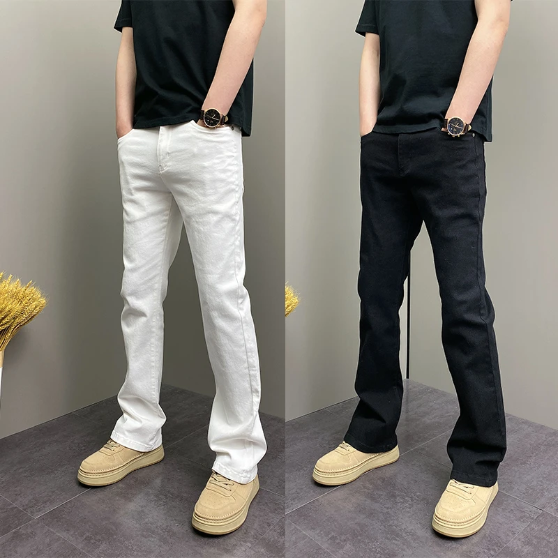 2025年秋冬季潮牌喇叭裤青年男士修身小脚时尚简约纯色休闲牛仔裤