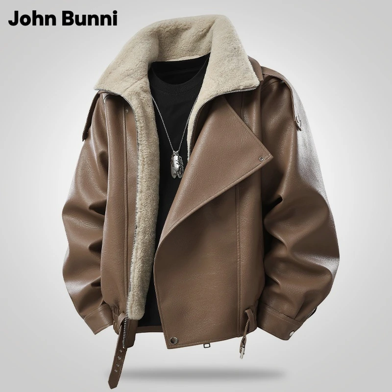 John Bunni美式休闲时尚夹克男士秋冬季加绒机车翻领皮衣潮流外套