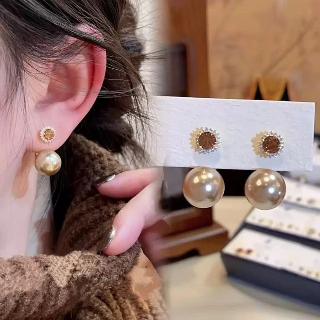 轻奢高级感一款两戴太阳花香槟珠珠耳钉后挂式耳环优雅气质耳饰