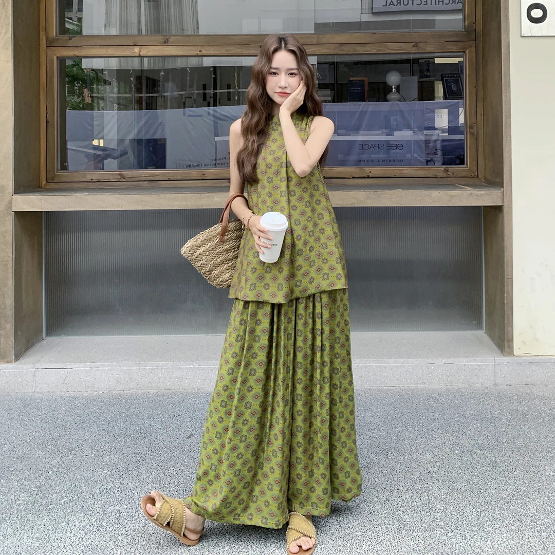 高级感韩系减龄套装裤女2025夏新设计感无袖印花上衣阔腿裤两件套