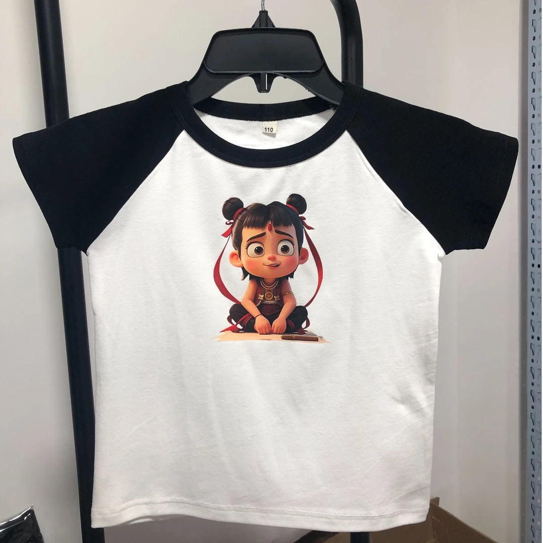 【童装】夏新款卡通印花纯棉拼色黑白短袖宽松显瘦百搭T恤圆领休闲