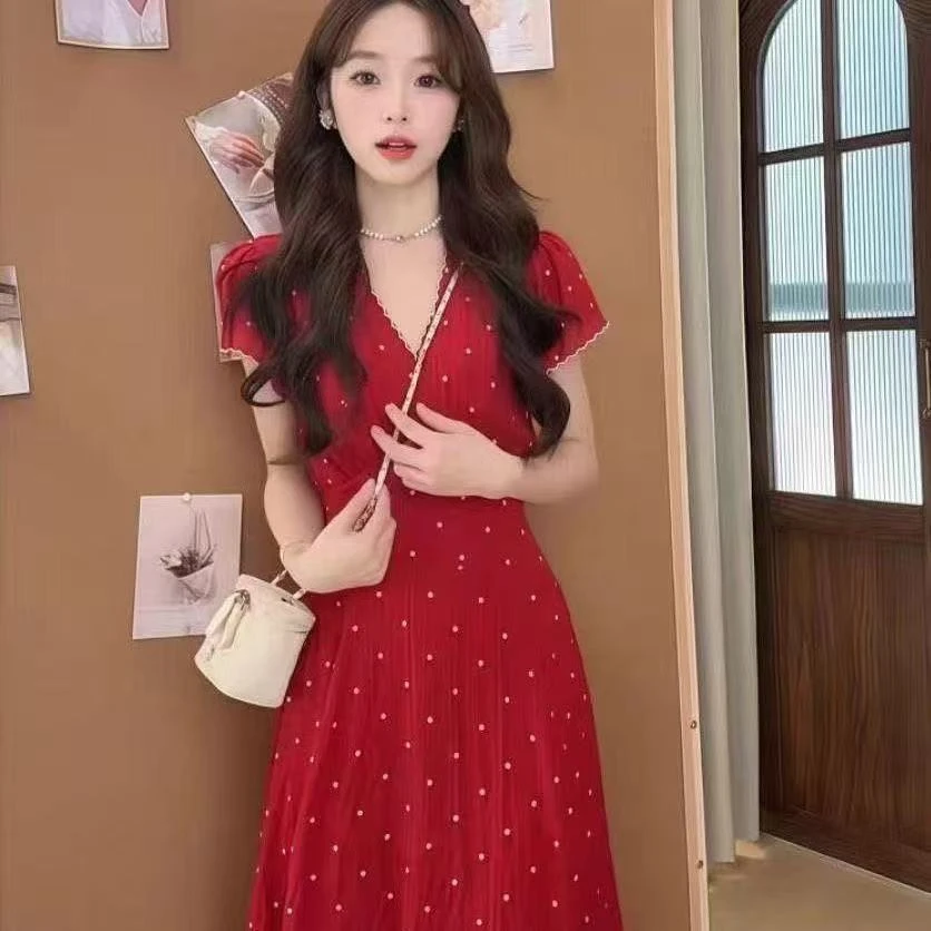 大码连衣裙A字裙泡泡袖吊带复古港风长裙圆领短袖