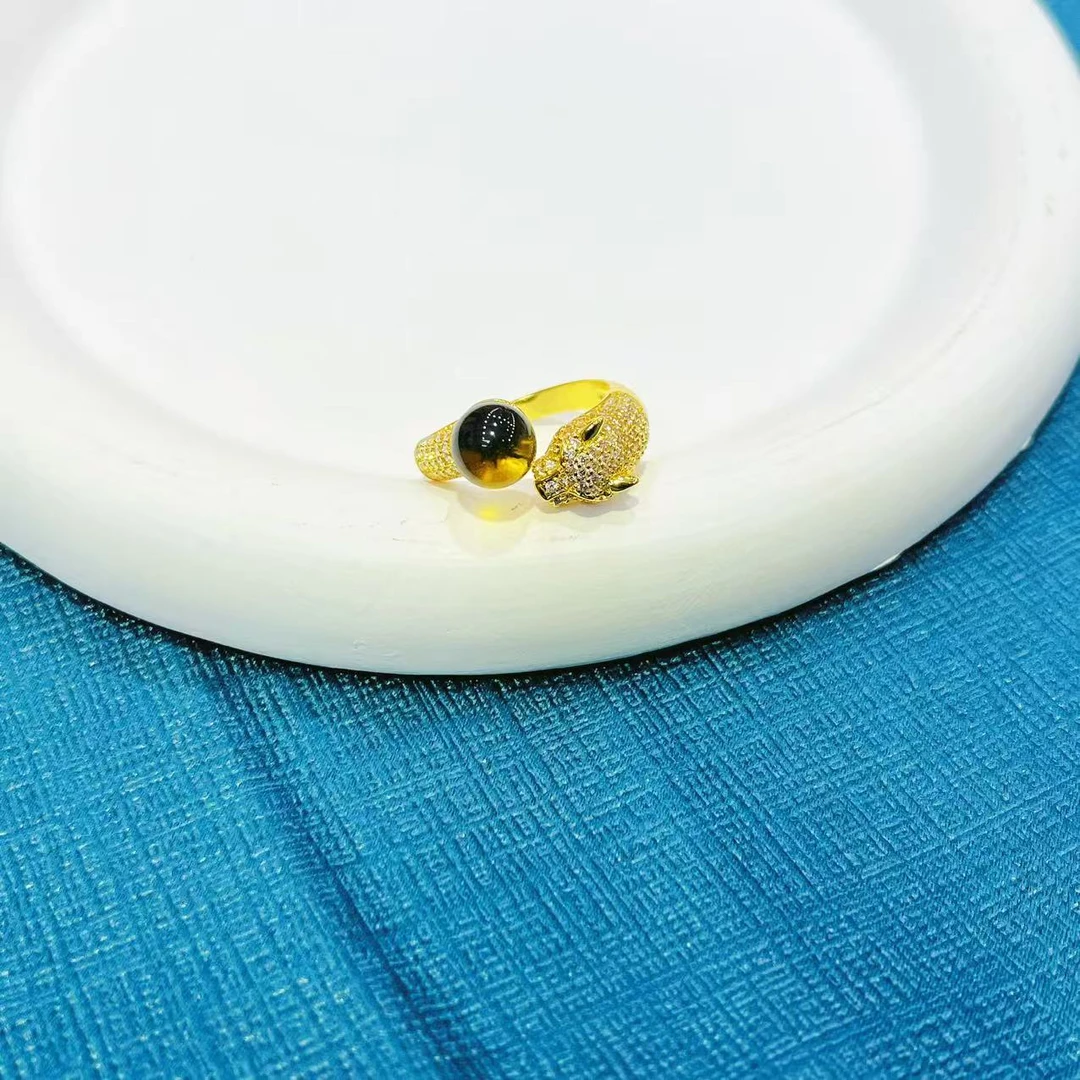 天然琥珀纯净水7A蓝珀豪华豹头戒指（赠包装，证书）K399