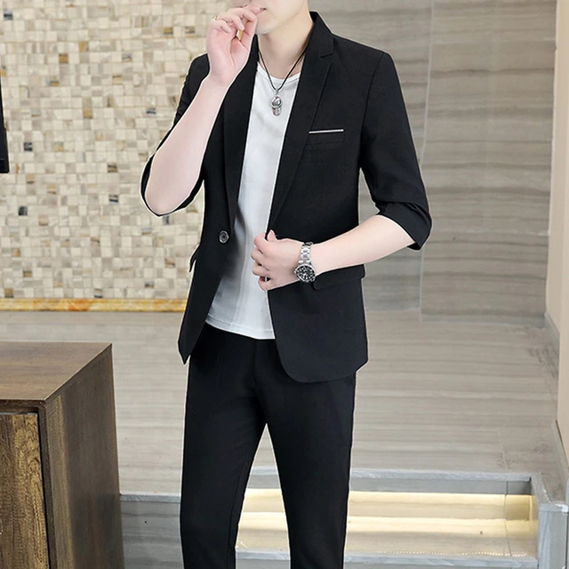 高端短袖西服男夏季一整套韩版修身商务休闲小西装套装七分袖外套