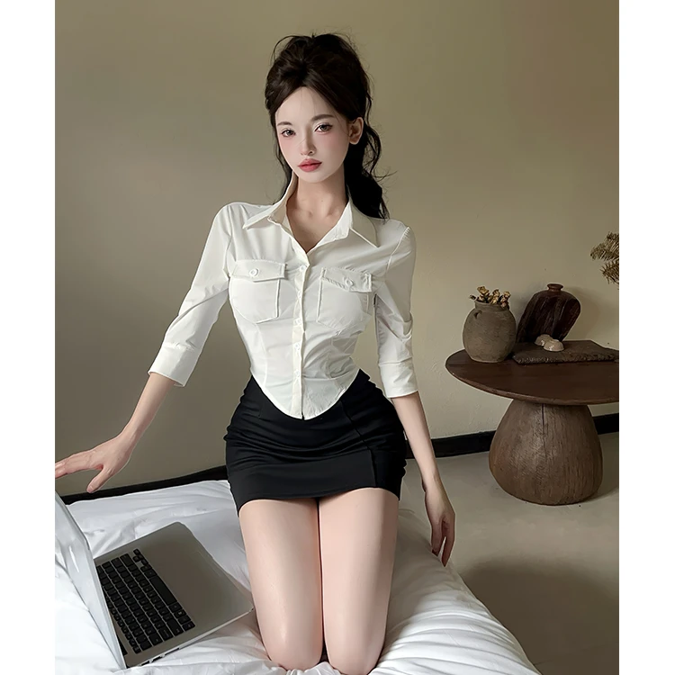 气质御姐风白色衬衫制服套装女夏季弹力修身纯欲高腰包臀裙两件套