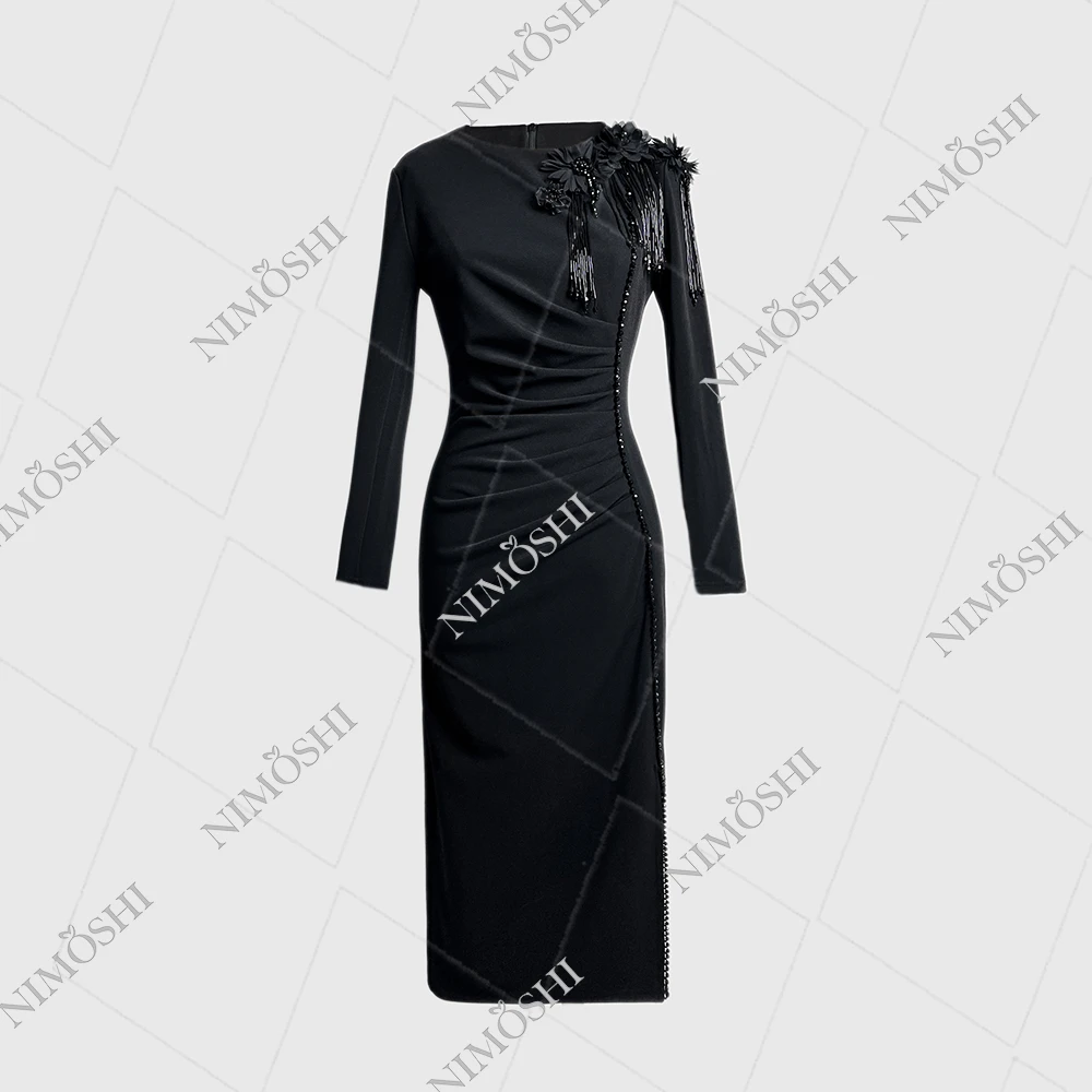 NIMðSHI莎莎新款时尚拼接中长款小众镶钻气质显瘦连衣裙女Q1022