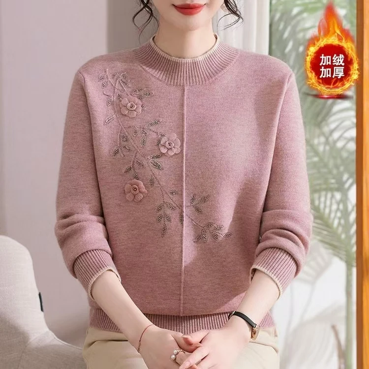 中老年女装绣花纽扣秋冬长袖秋冬圆领刺绣女士半高领8838