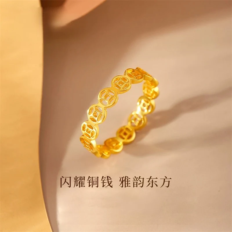 2025【日进斗金】女男士素圈金色戒指小众情侣对戒H2