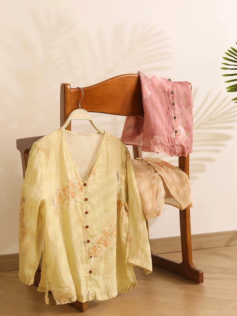 2025新款苎麻复古慵懒气质宽松文艺休闲小衫舒适衬衫上衣女