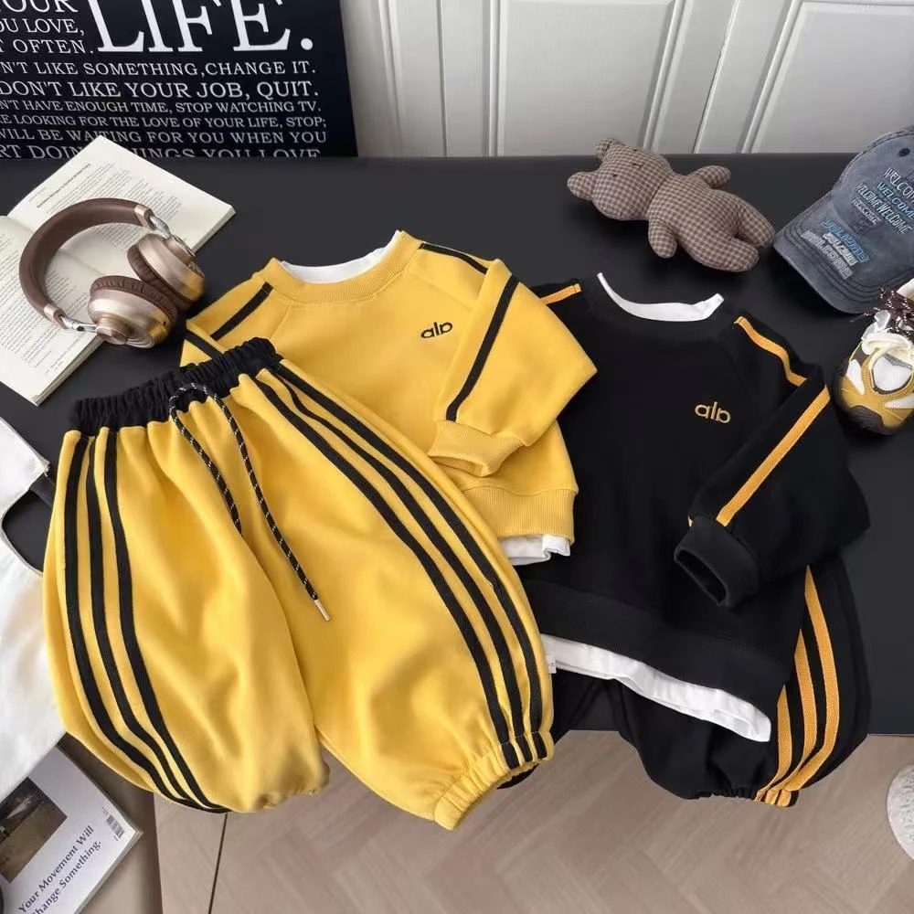 秋季卫衣卫裤假两件套装刺绣字母男女童韩版痞帅休闲风两件套