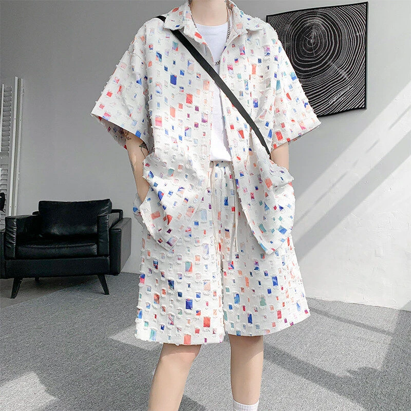 小香风破洞休闲套装男夏季美式潮牌宽松五分袖衬衫大码短裤两件套