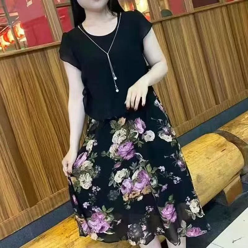 妈妈装假两件时尚夏季连衣裙