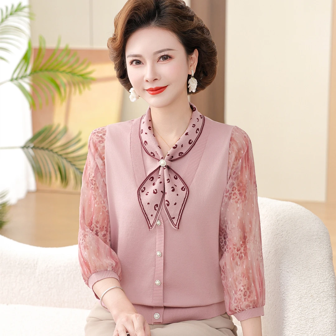 年轻妈妈春装薄款纱袖t恤衫洋气上中老年女装七分袖针织打底衫