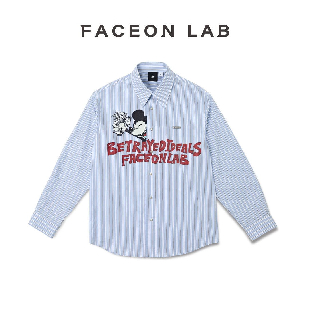 FACEON LAB 纸醉金迷米奇图案美式复古条纹印花休闲男女长袖衬衫