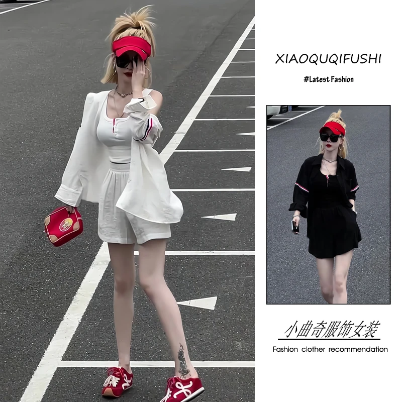 夏季流行穿搭一整套新款2025韩版休闲风超酷条纹衬衫吊带短裤套装